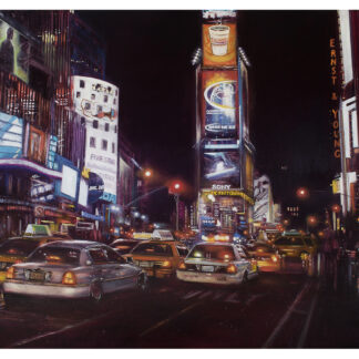 The image depicts a vibrant city street at night, illuminated by neon signs and car headlights, likely in a busy urban center. By Lesley Anne Derks